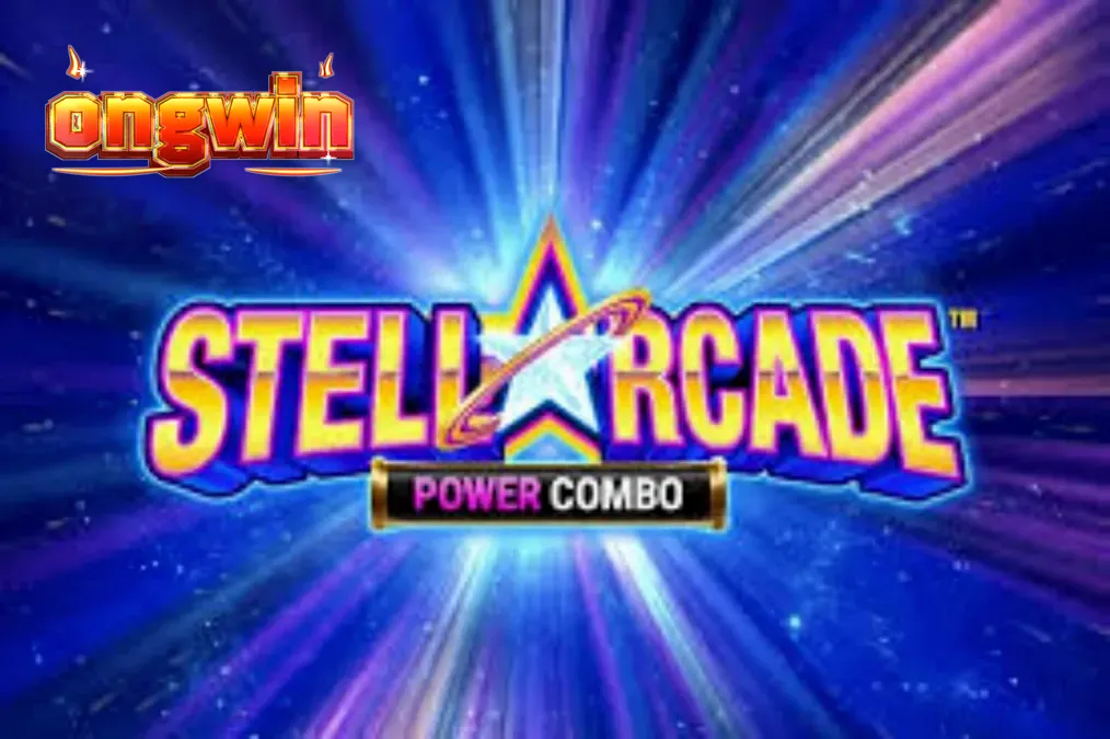 Tampilan visual neon retro dari slot Stellarcade Power Combo dengan latar belakang ruang angkasa.